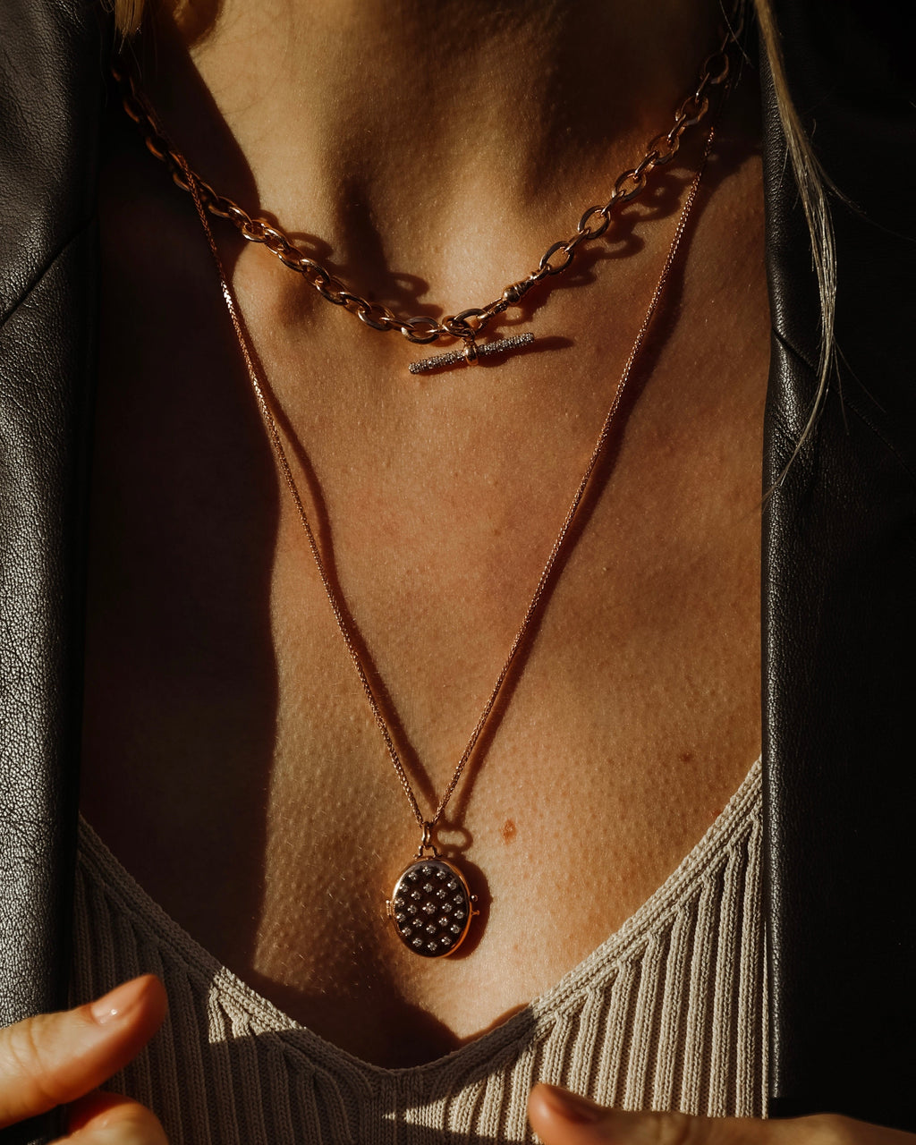 Etoile Locket shown with the Pantheon Necklace, 14k yellow gold