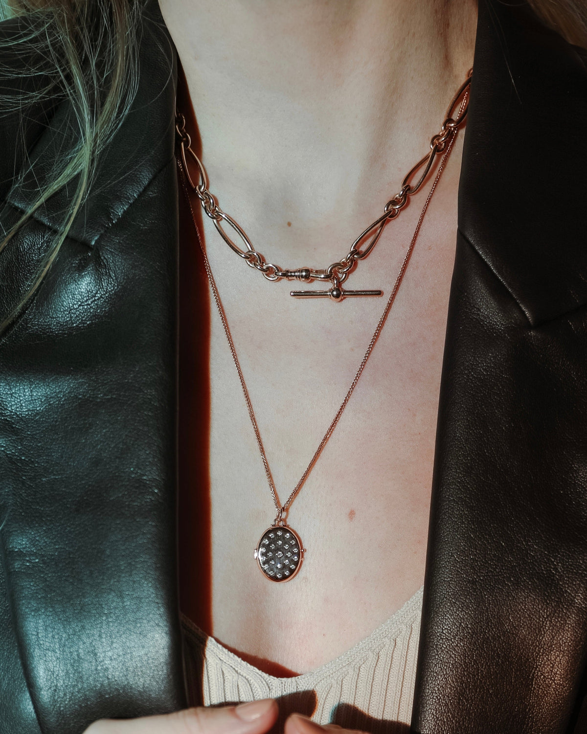 Etoile Locket shown with the Antique Link Necklace, 14k yellow gold