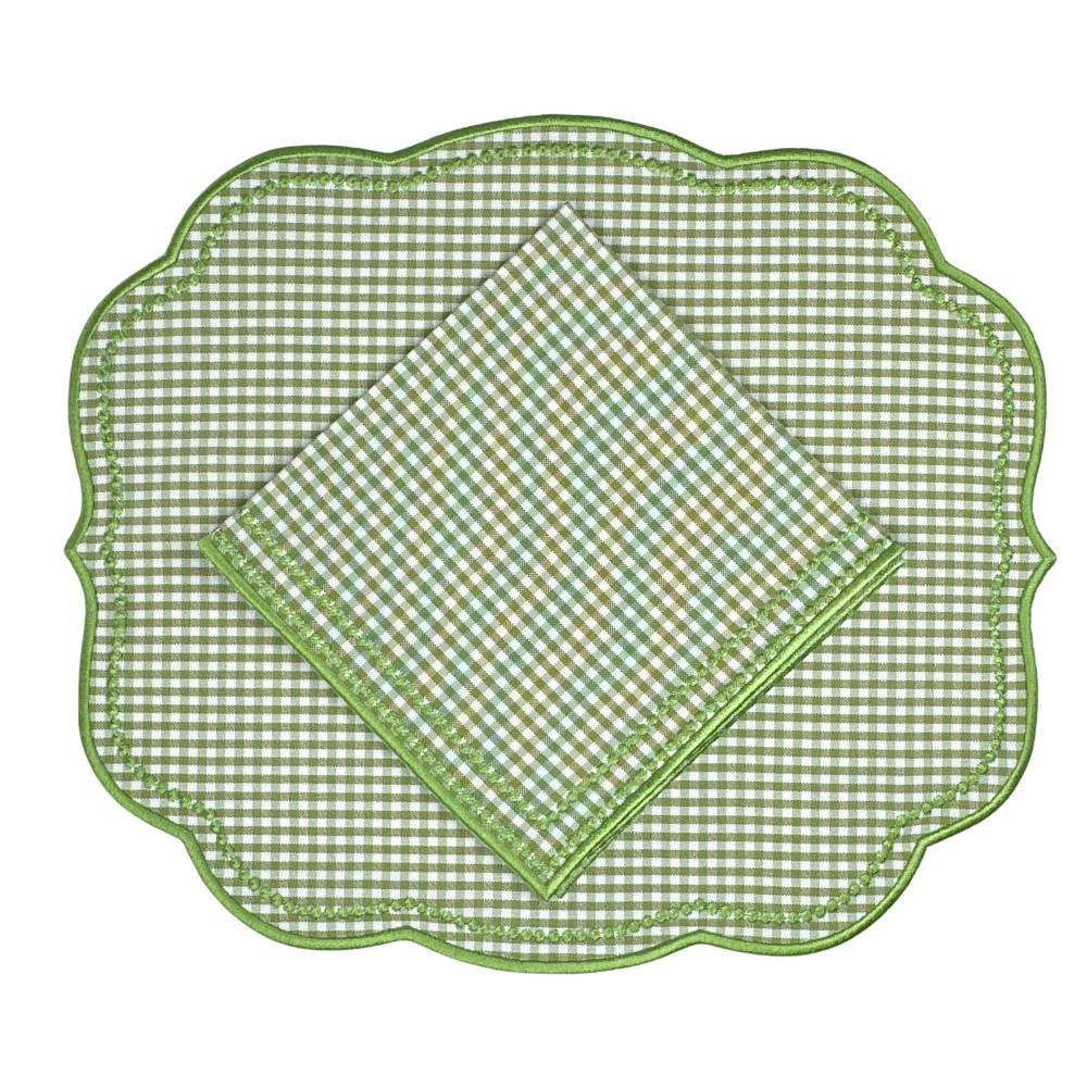 Luxury Green checkered gingham placemat  and napkin with scalloped edge and green embroidery