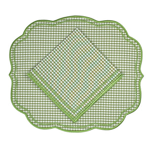 Luxury Green checkered gingham placemat  and napkin with scalloped edge and green embroidery