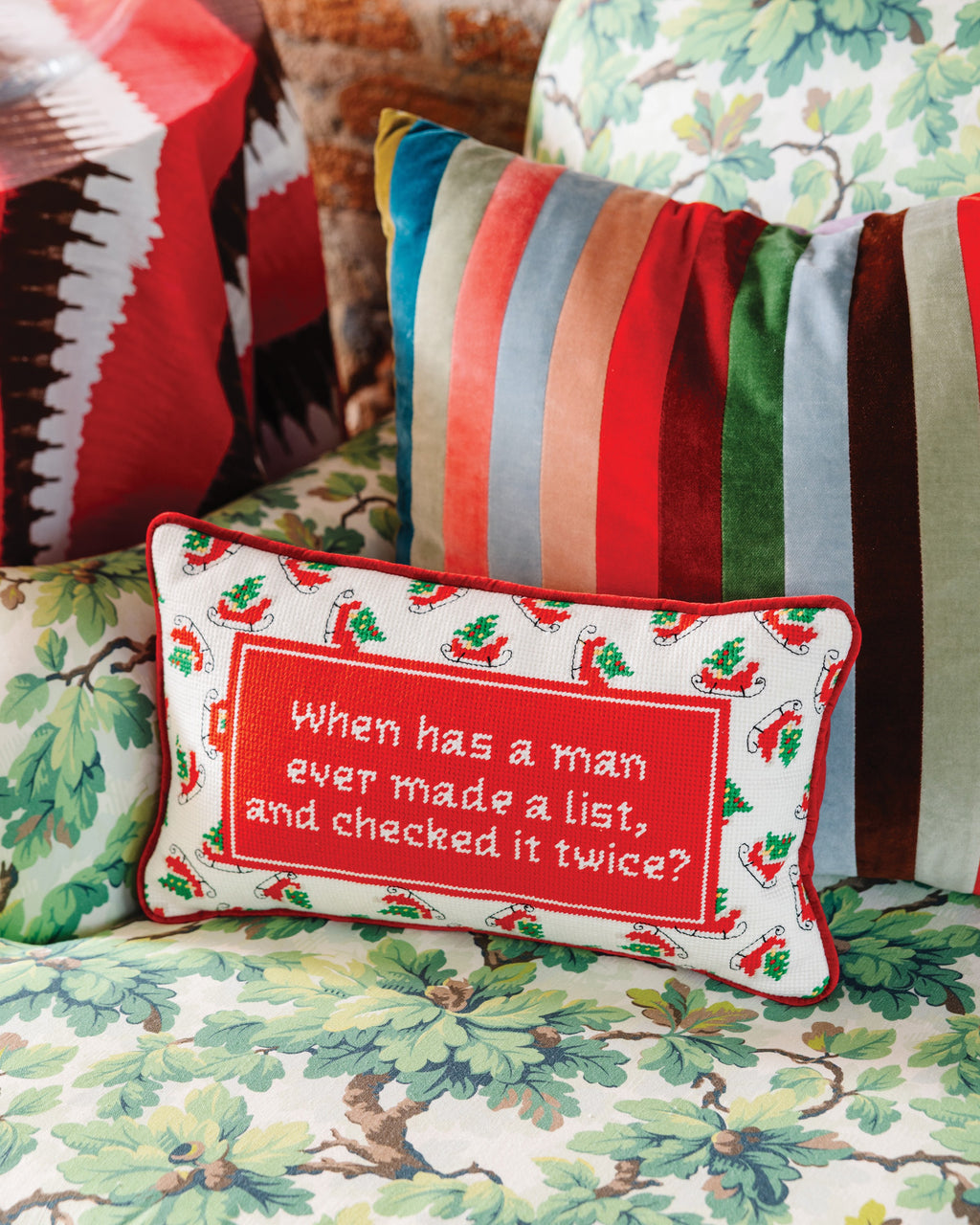 Check it Twice Needlepoint Pillow - styled on chair