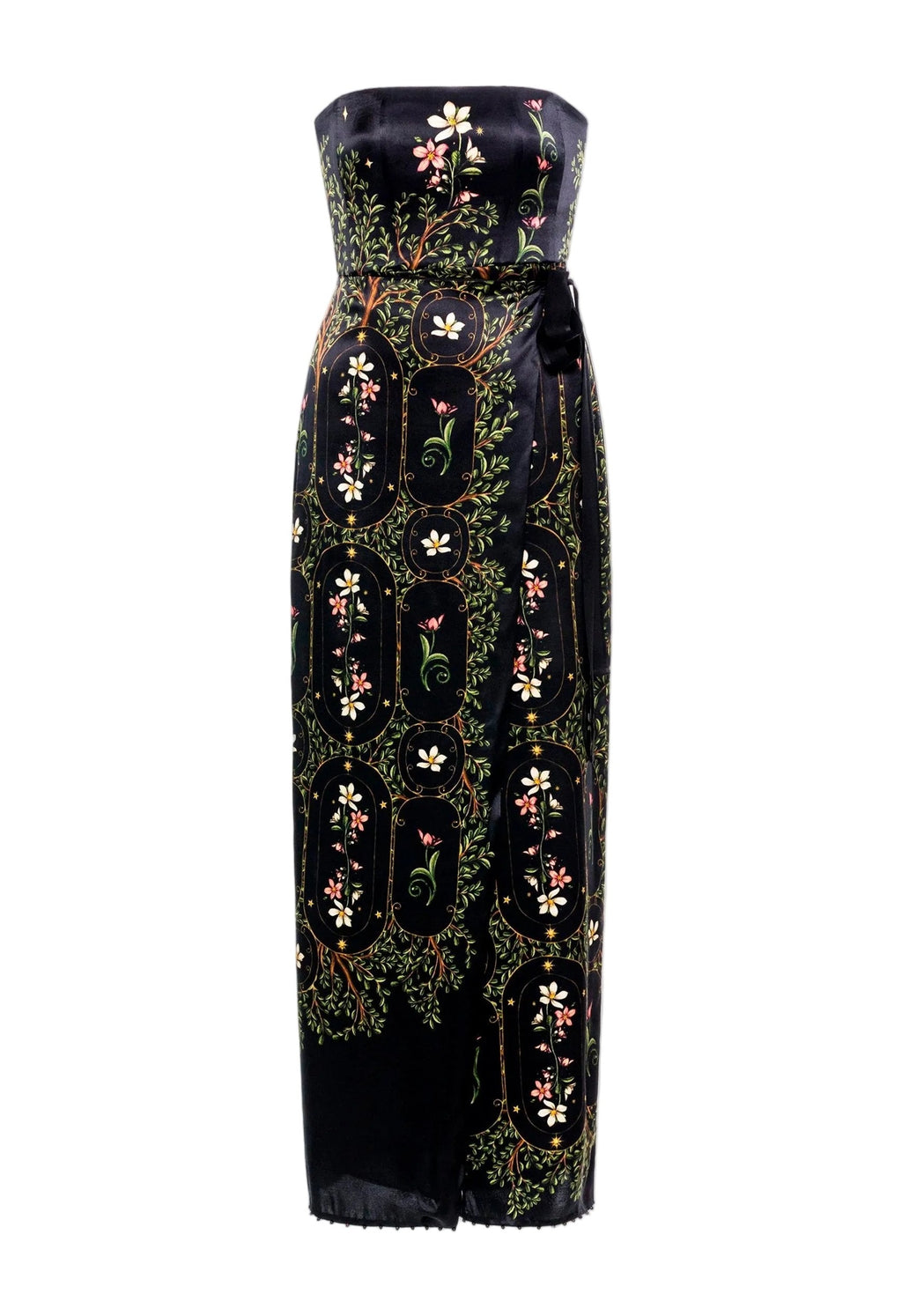Front view of Cinefilia Noche Maxi Dress showcasing strapless empire-waist silhouette and floral print with white background