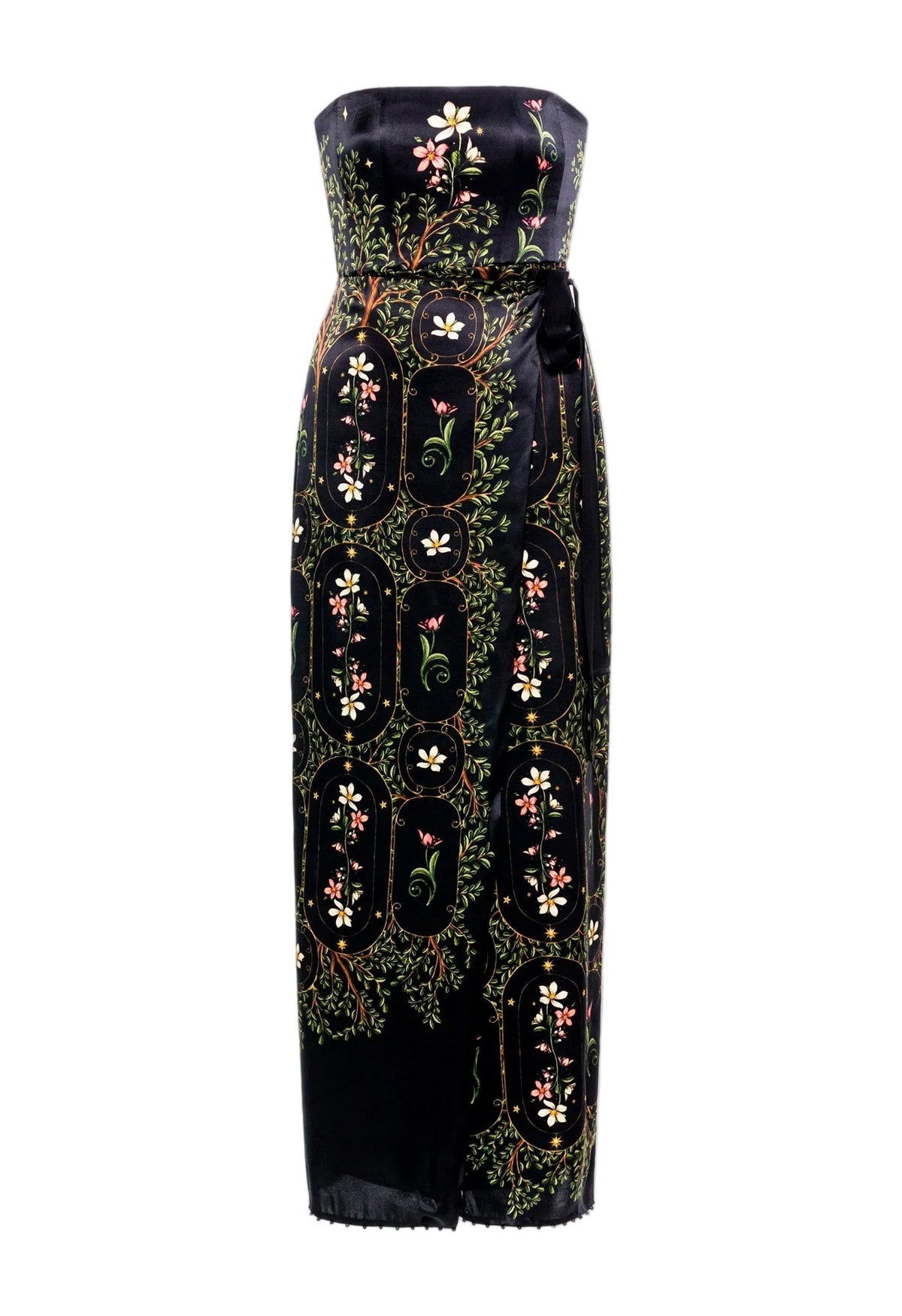 Front view of Cinefilia Noche Maxi Dress showcasing strapless empire-waist silhouette and floral print with white background