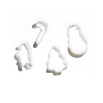 Top-down view of four metal Christmas cookie cutters (tree, snowman, candy cane, gingerbread person) on white background