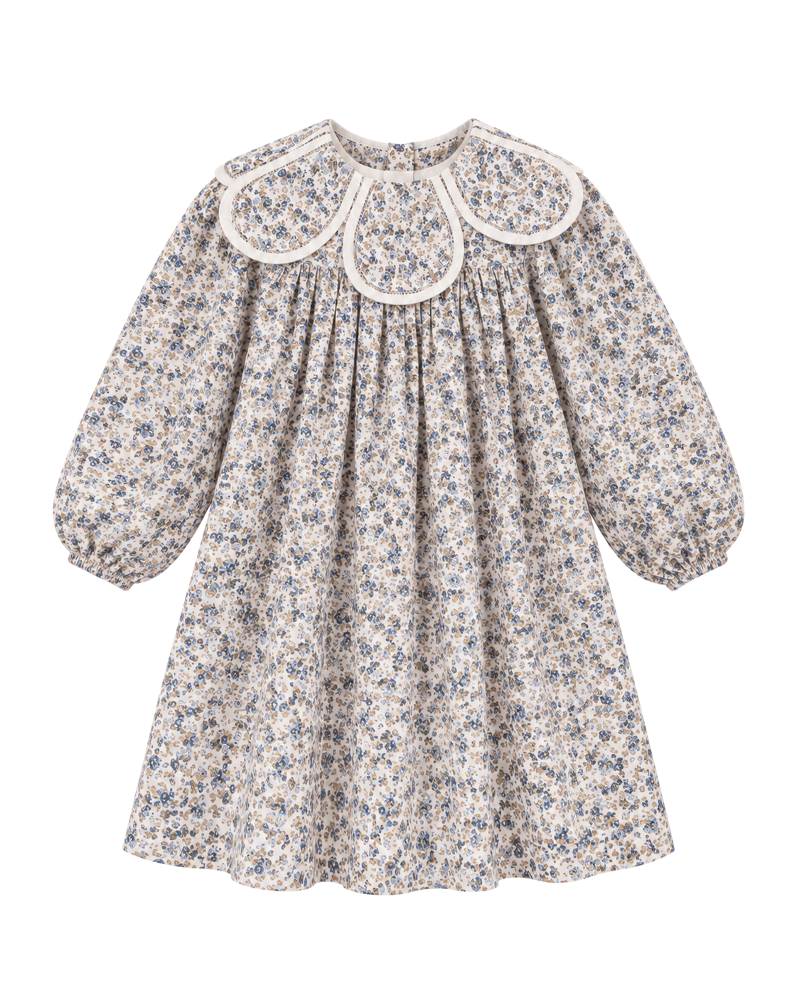 Front view of Clementine Dress in Cream Floral showcasing oversized petal-flower collar and puff sleeves with white background