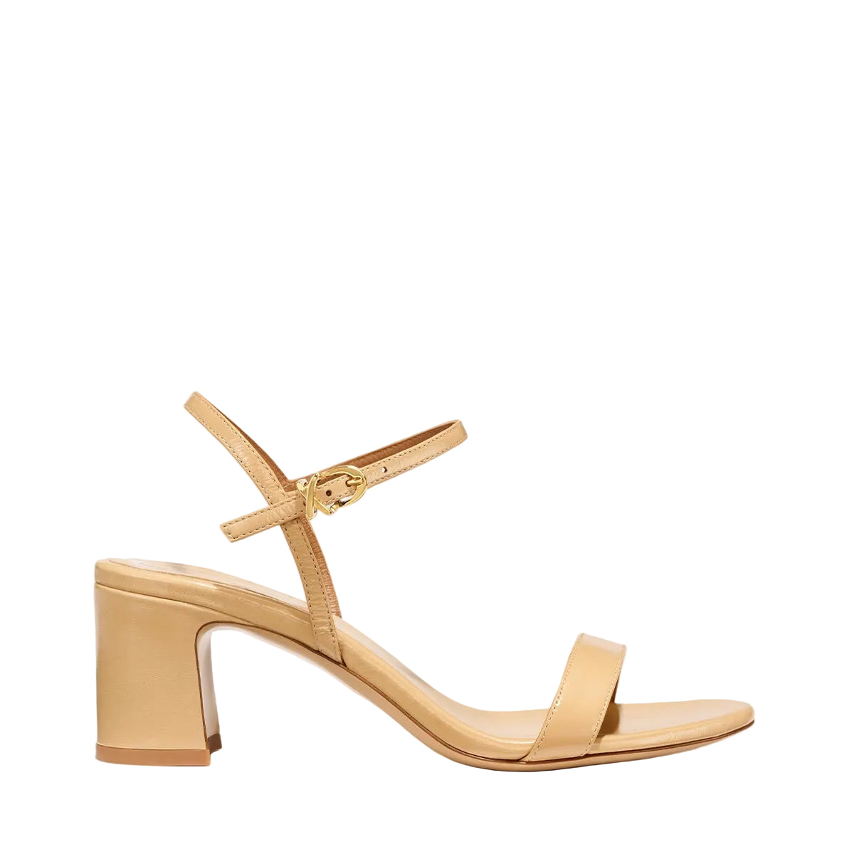 The Cleo Sandal in Sand Crinkle-Gloss Nappa, a comfortable 2.5-inch heeled sandal with a sleek strap across the toes and perfectly placed instep strap.