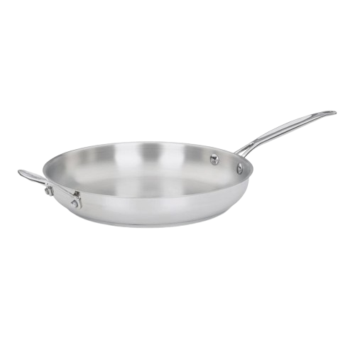 Three-quarter view of Chef’s Classic 12-inch skillet showcasing stainless steel construction and helper handle with black background