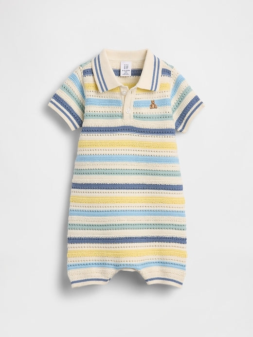 Baby Polo Sweater Shorty One-Piece - Blue Green Stripe (0-3 Months)
