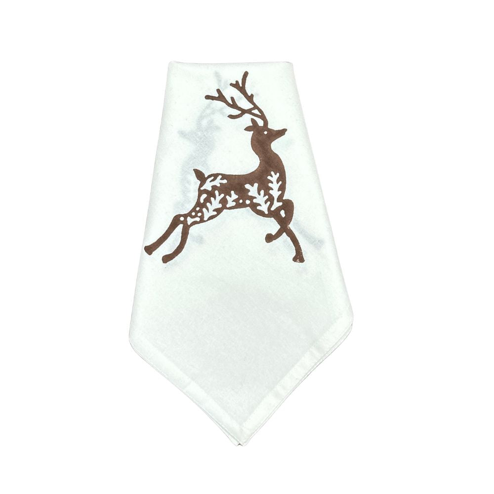White napkin with a brown deer design on a white background