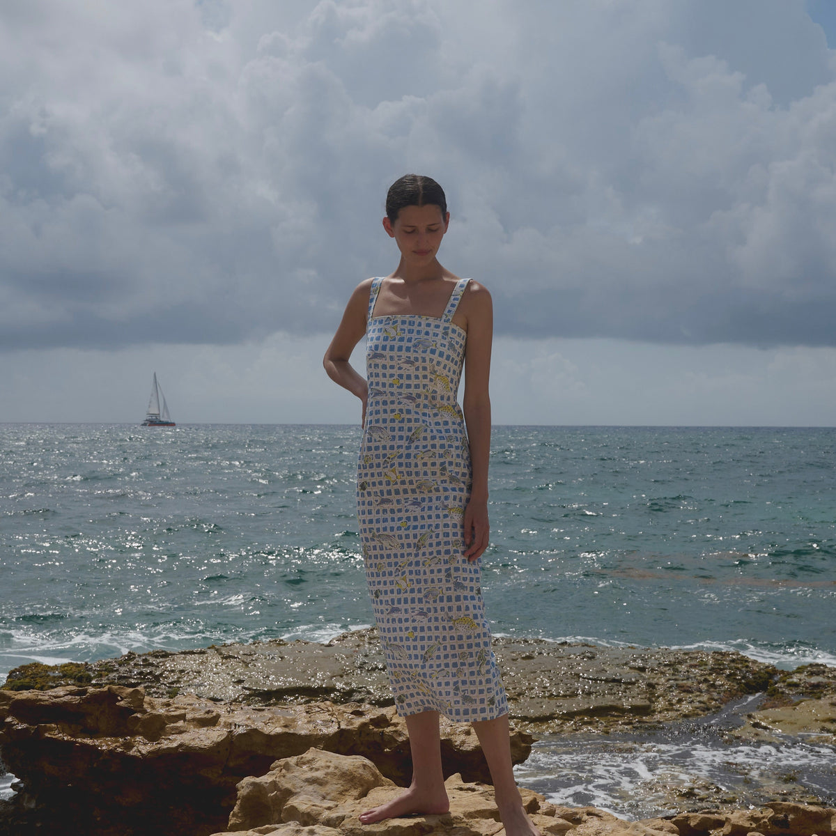 Long Slip Dress in Blue Fishing Net