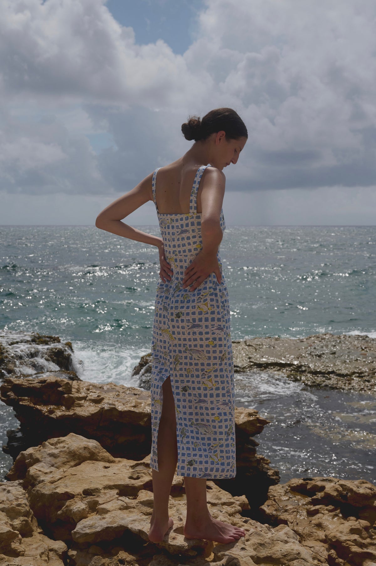 Long Slip Dress in Blue Fishing Net