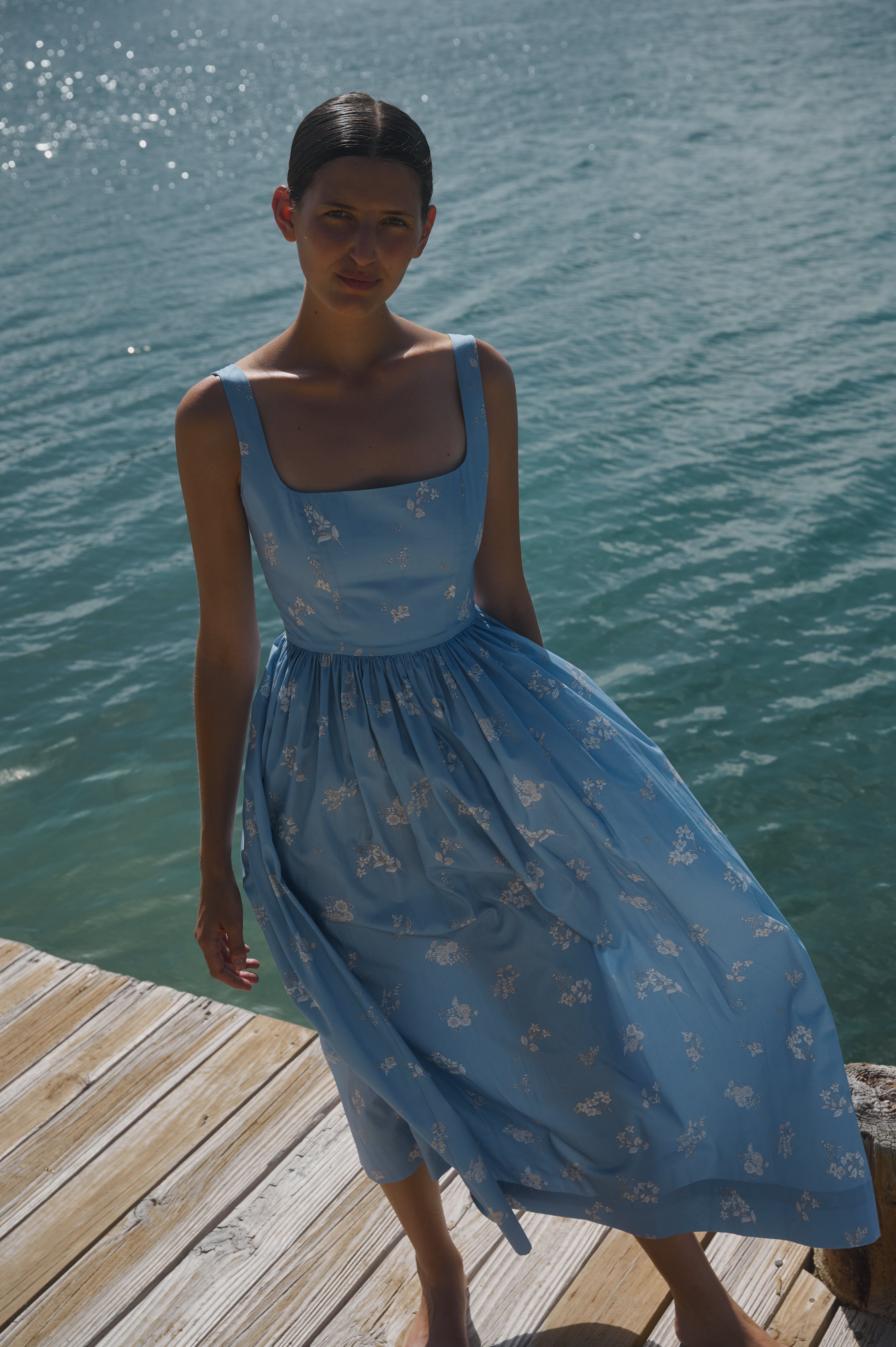 Scoop Neck Dress in Blue Mini Bouquet