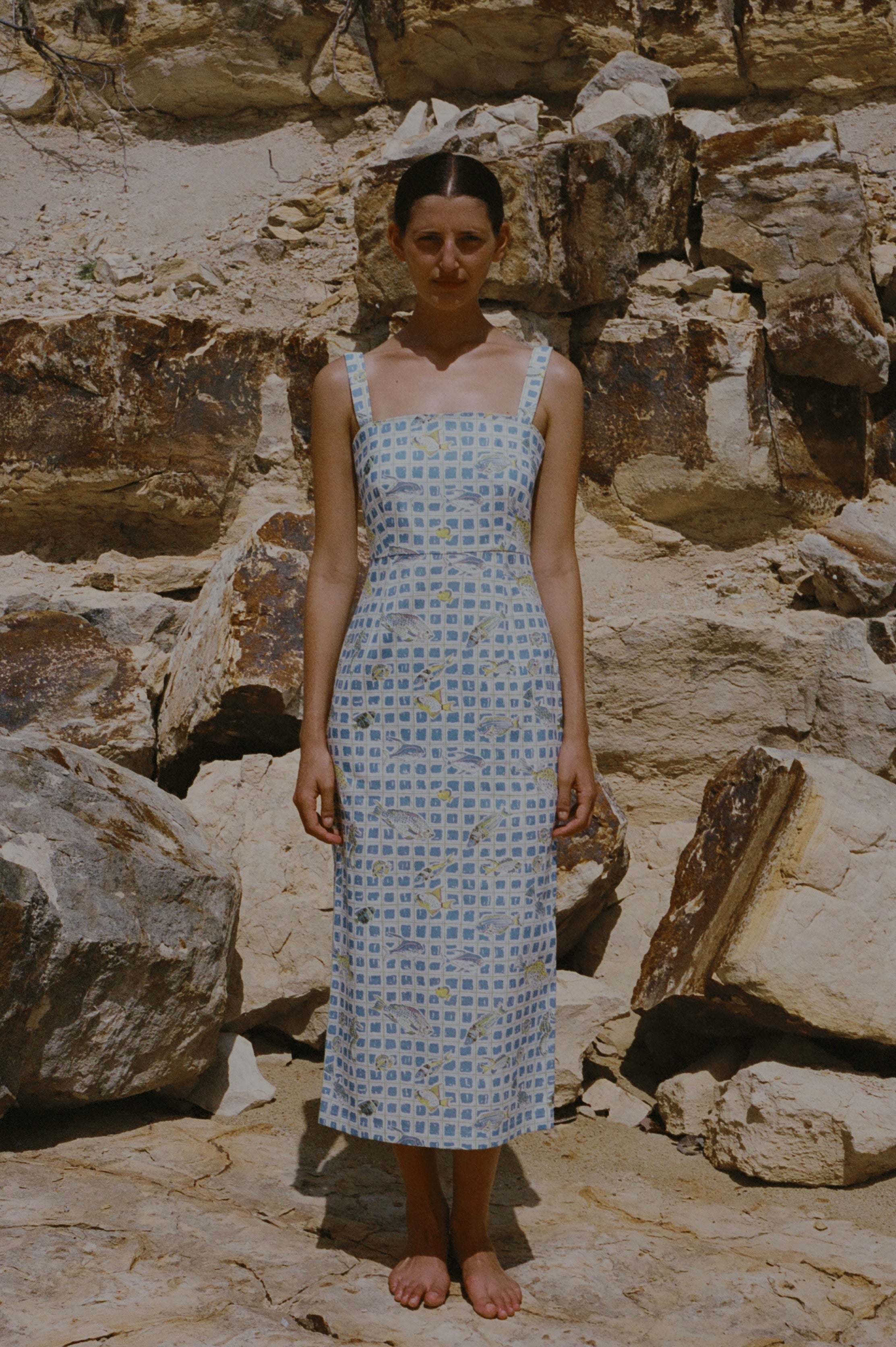 Long Slip Dress in Blue Fishing Net