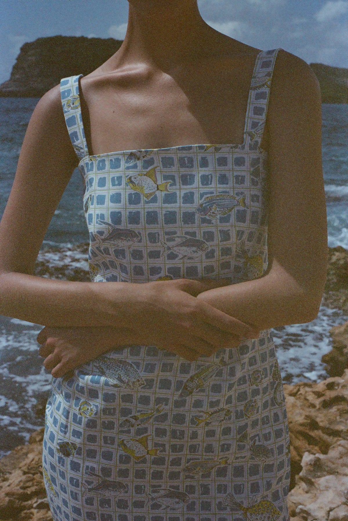 Long Slip Dress in Blue Fishing Net