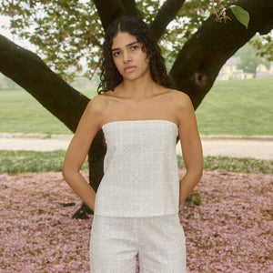 Strapless Top in White with Beige Checkerboard