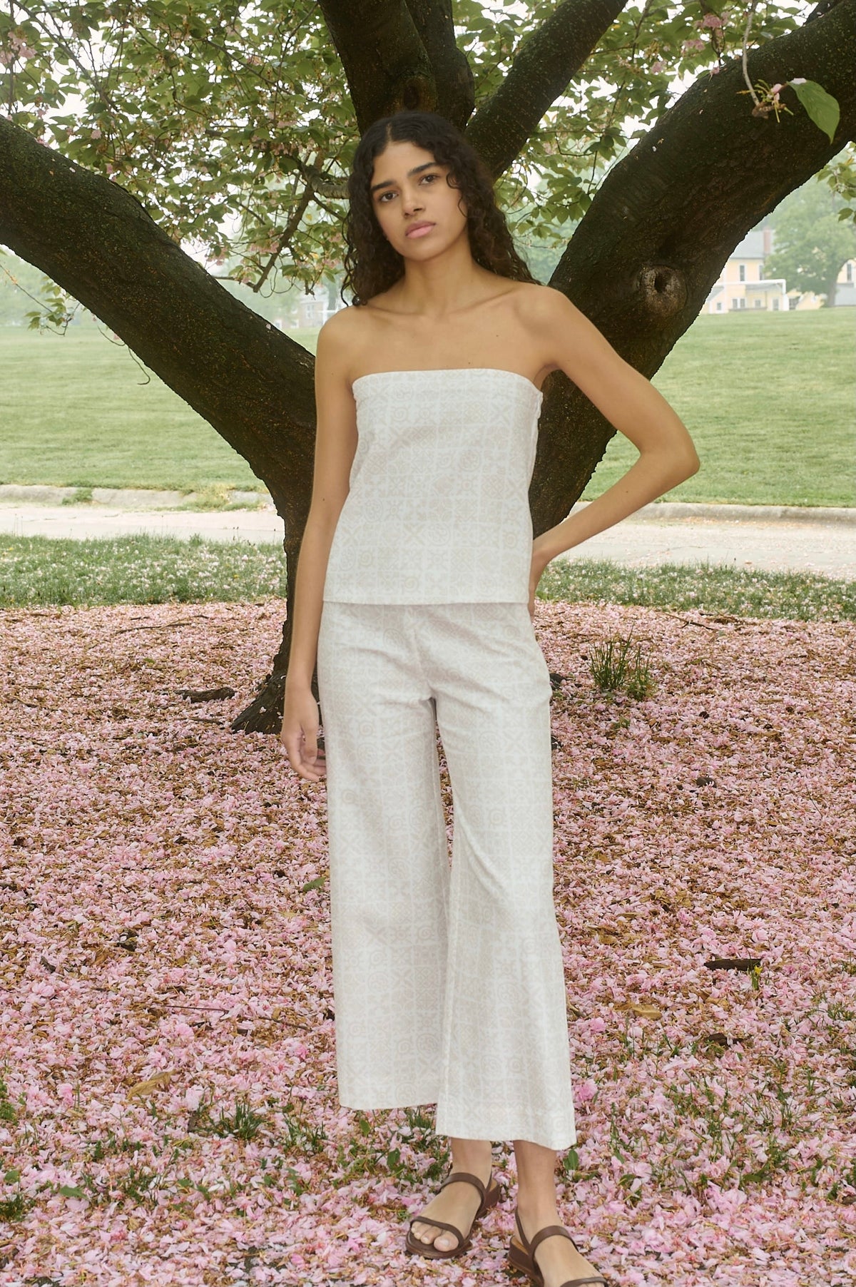 Strapless Top in White with Beige Checkerboard