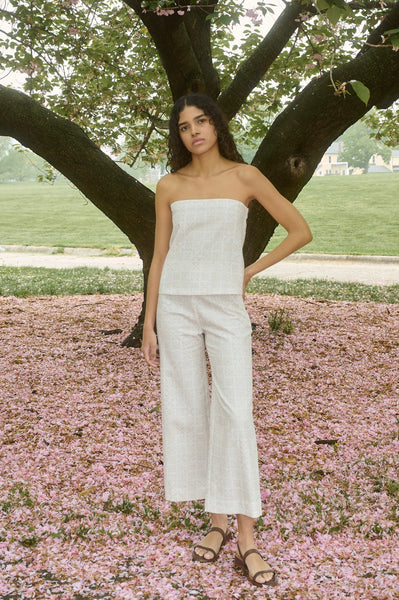 High-Waisted, Wide-Leg Pants in White with Beige