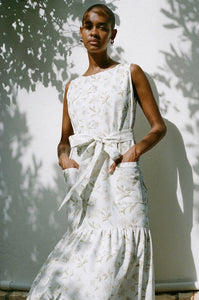 Shift Dress with Belt in White Hibiscus