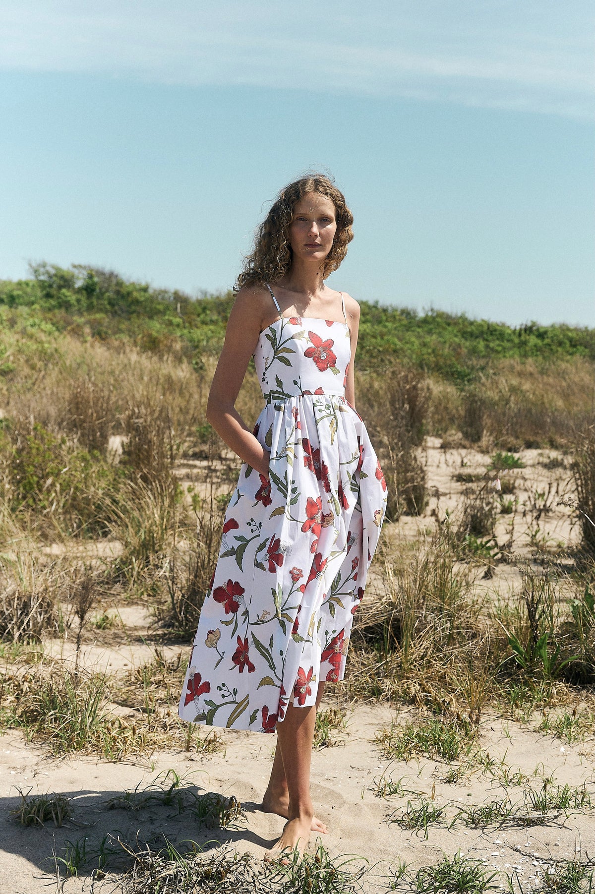 Skinny-Strap Poof Dress in Red Hibiscus