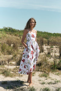 Skinny-Strap Poof Dress in Red Hibiscus