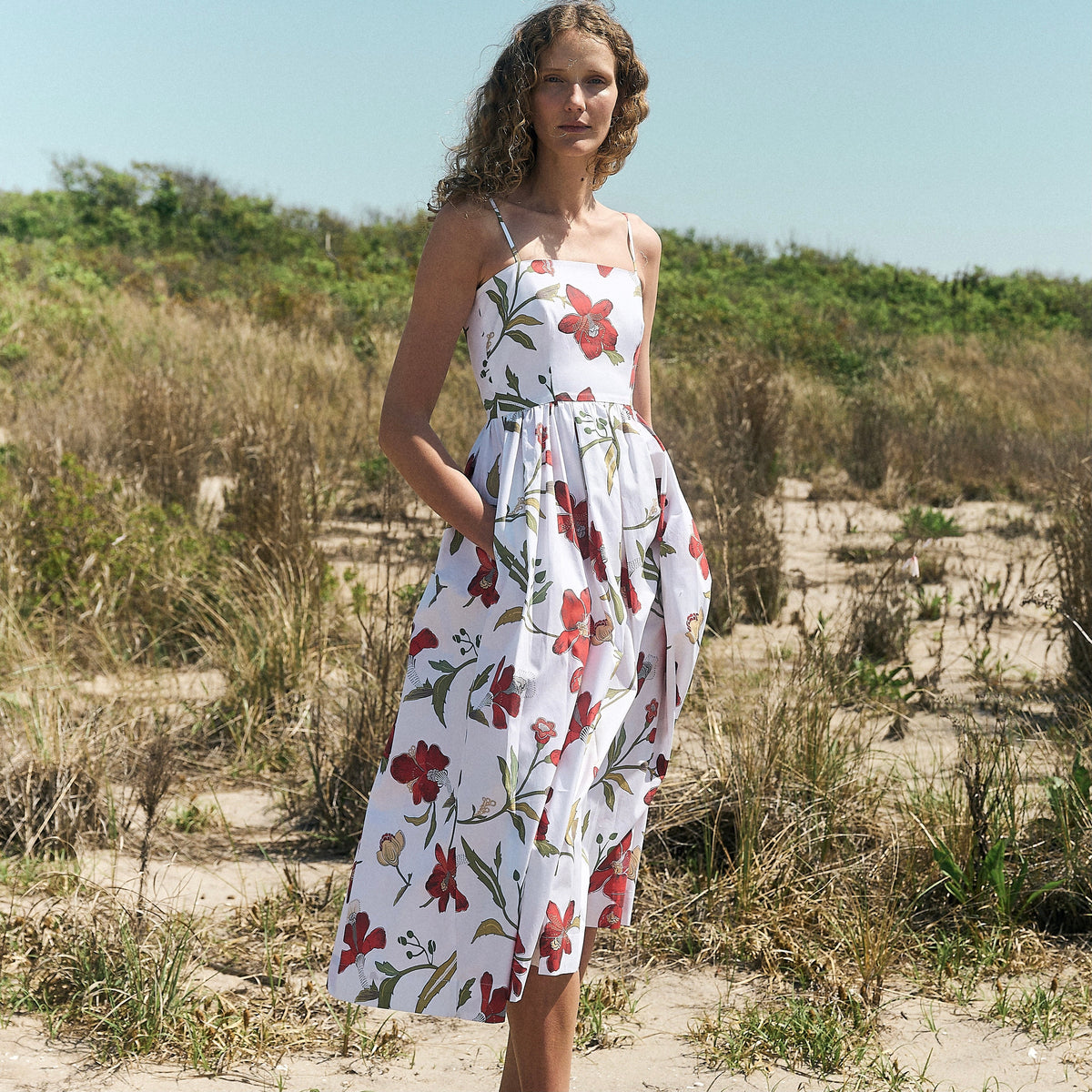 Skinny-Strap Poof Dress in Red Hibiscus