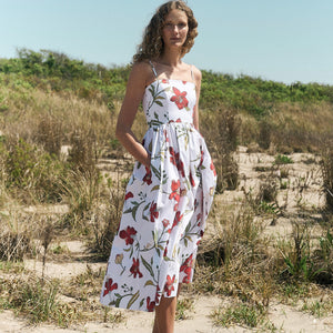 Skinny-Strap Poof Dress in Red Hibiscus