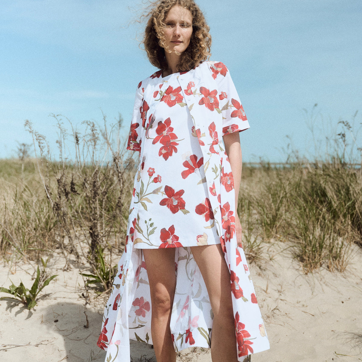 Classic Mini Shift Dress in Red Hibiscus