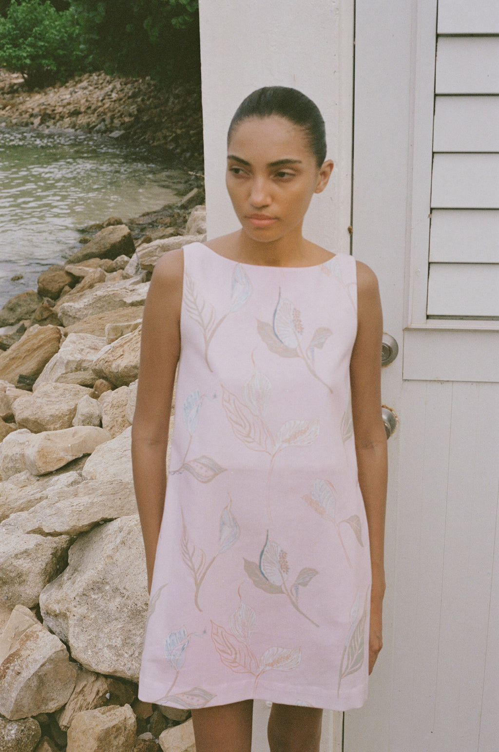 Pleated-Back Mini Dress in Rose Peace Lily