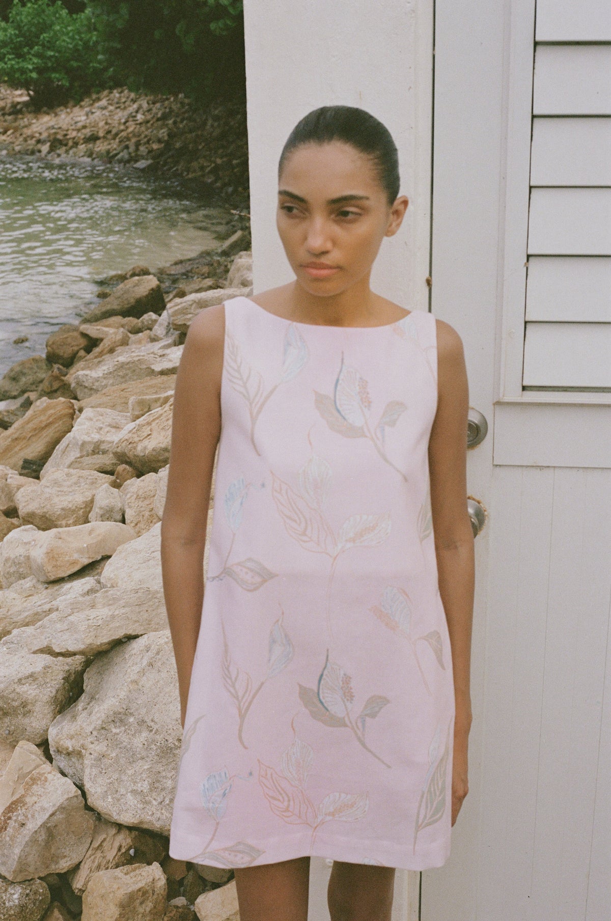 Pleated-Back Mini Dress in Rose Peace Lily