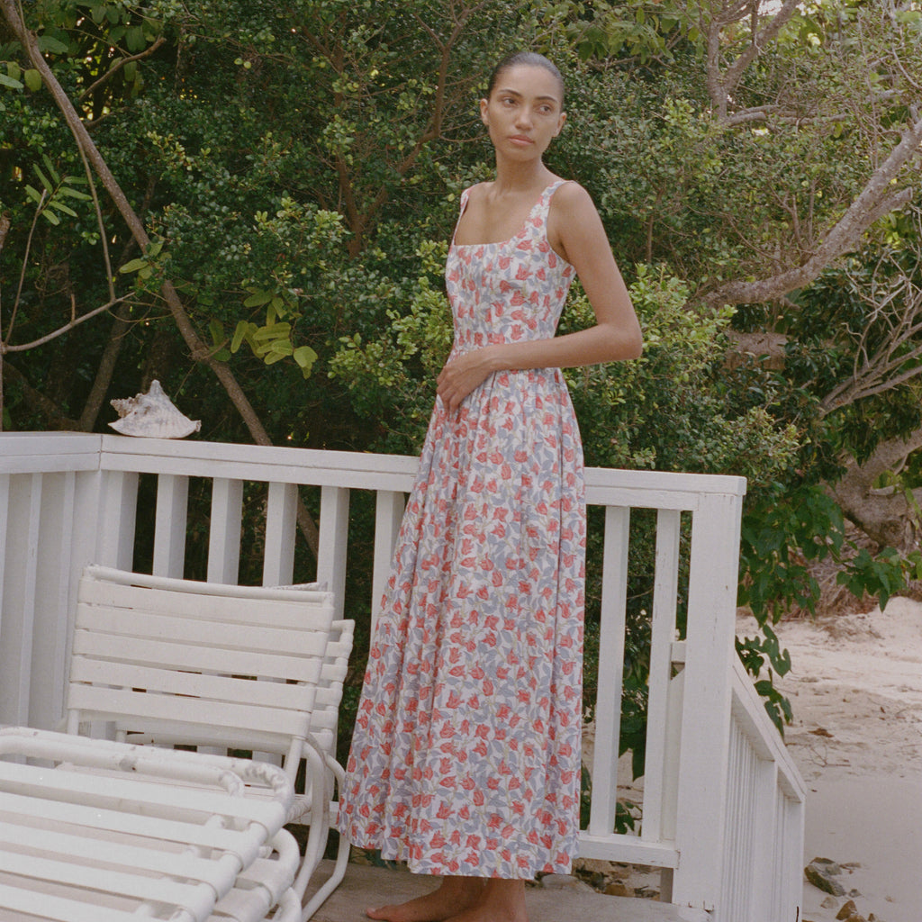 Scoop Neck Dress in Red Bougainvillea