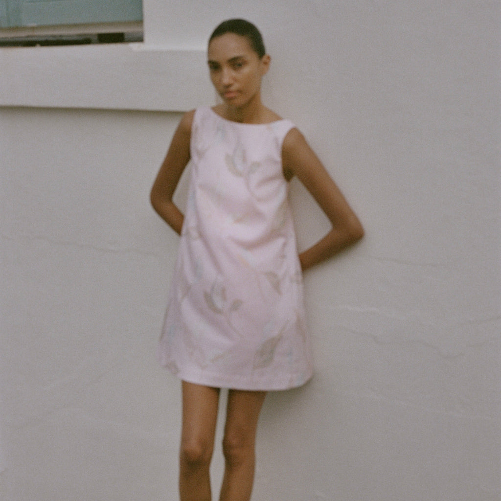Pleated-Back Mini Dress in Rose Peace Lily