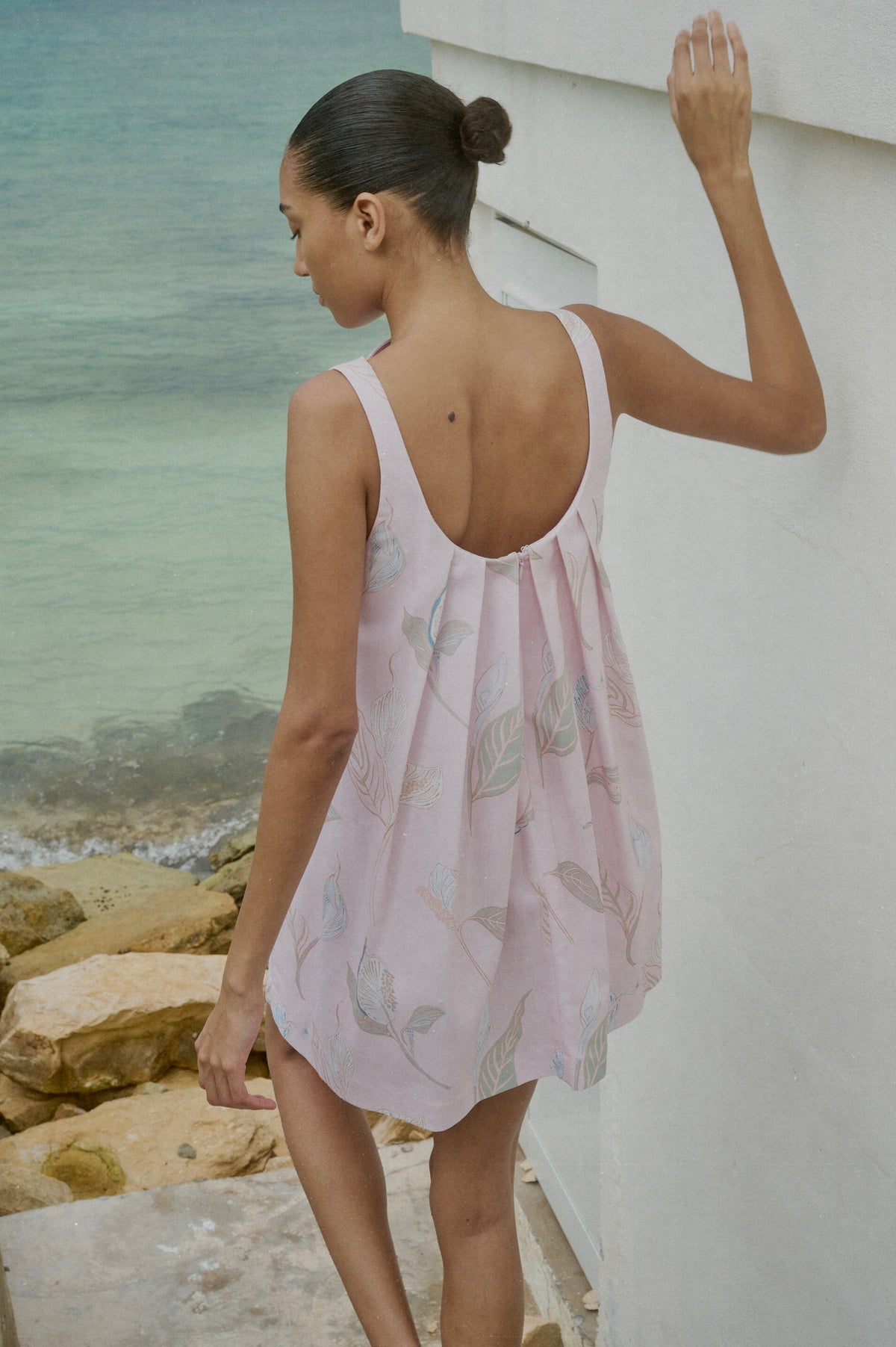 Pleated-Back Mini Dress in Rose Peace Lily