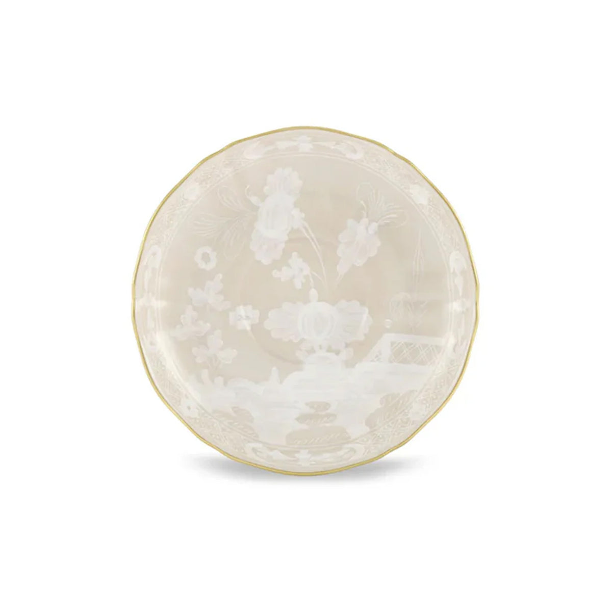 Front view of Oriente Italiano Antico Doccia Tea Saucer in Meringa with floral motifs and gold-plated rim on white background