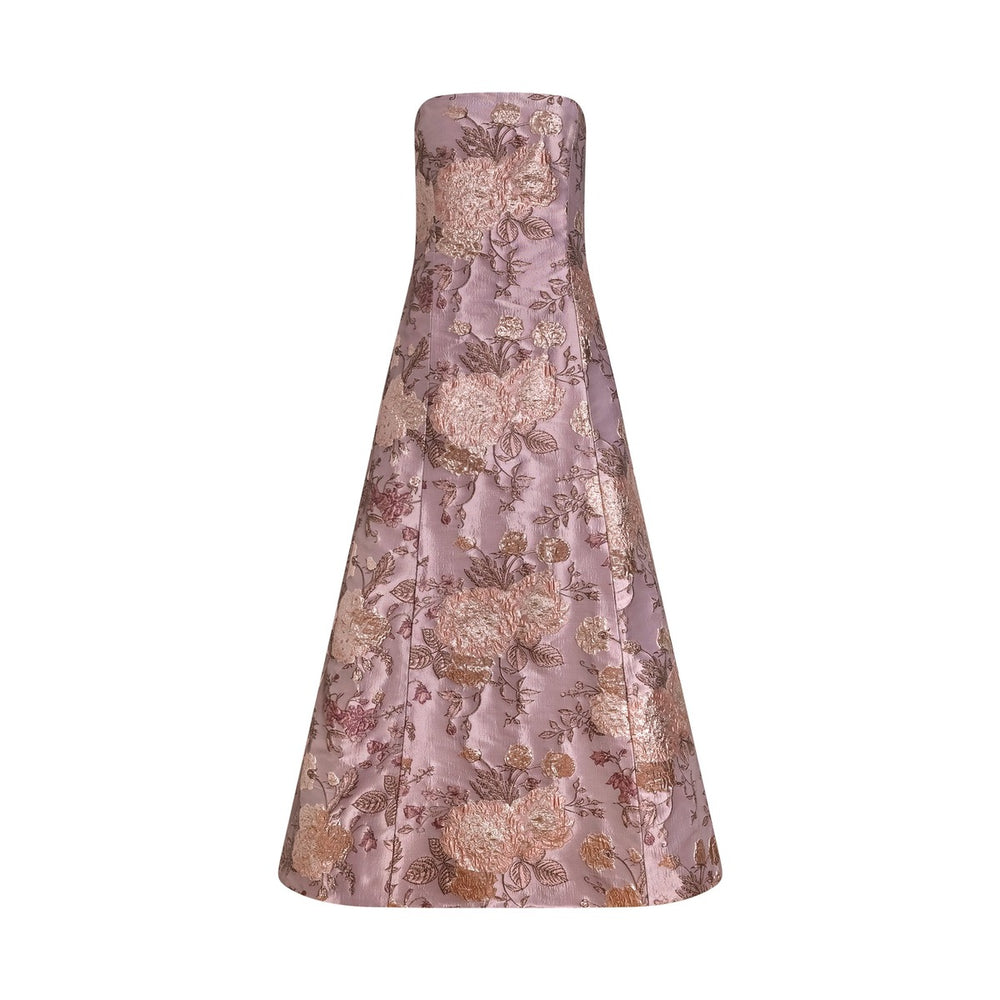 Front view of Colette Dress in Rosewater Floral showing strapless sculpted bodice and fit-and-flare floral jacquard silhouette