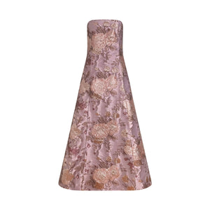 Front view of Colette Dress in Rosewater Floral showing strapless sculpted bodice and fit-and-flare floral jacquard silhouette