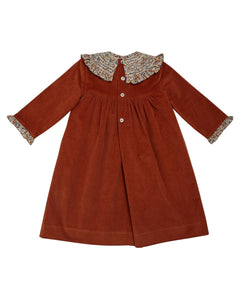 Brown dress with patterned collar and cuffs on a white background