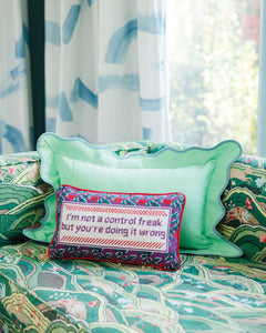 Control Freak Needlepoint Pillow - styled on chair