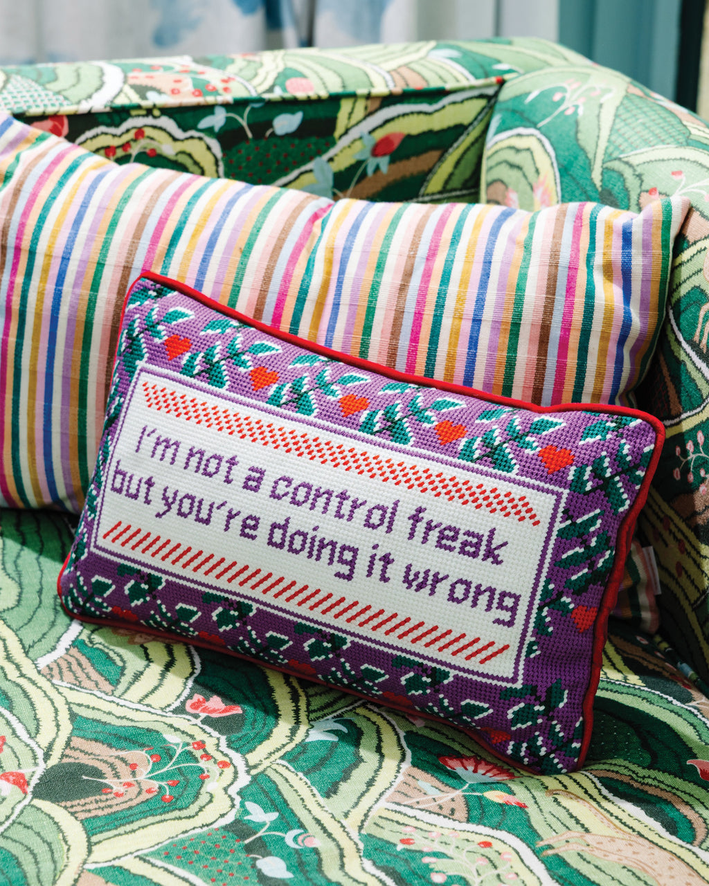 Control Freak Needlepoint Pillow - styled on sofa
