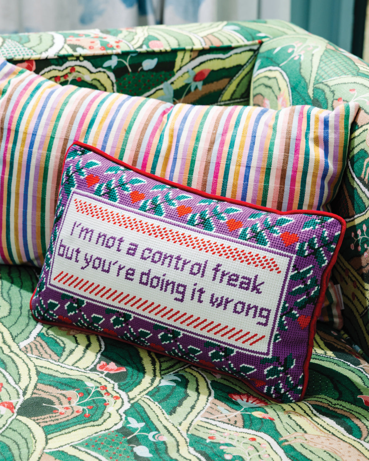 Control Freak Needlepoint Pillow - styled on sofa