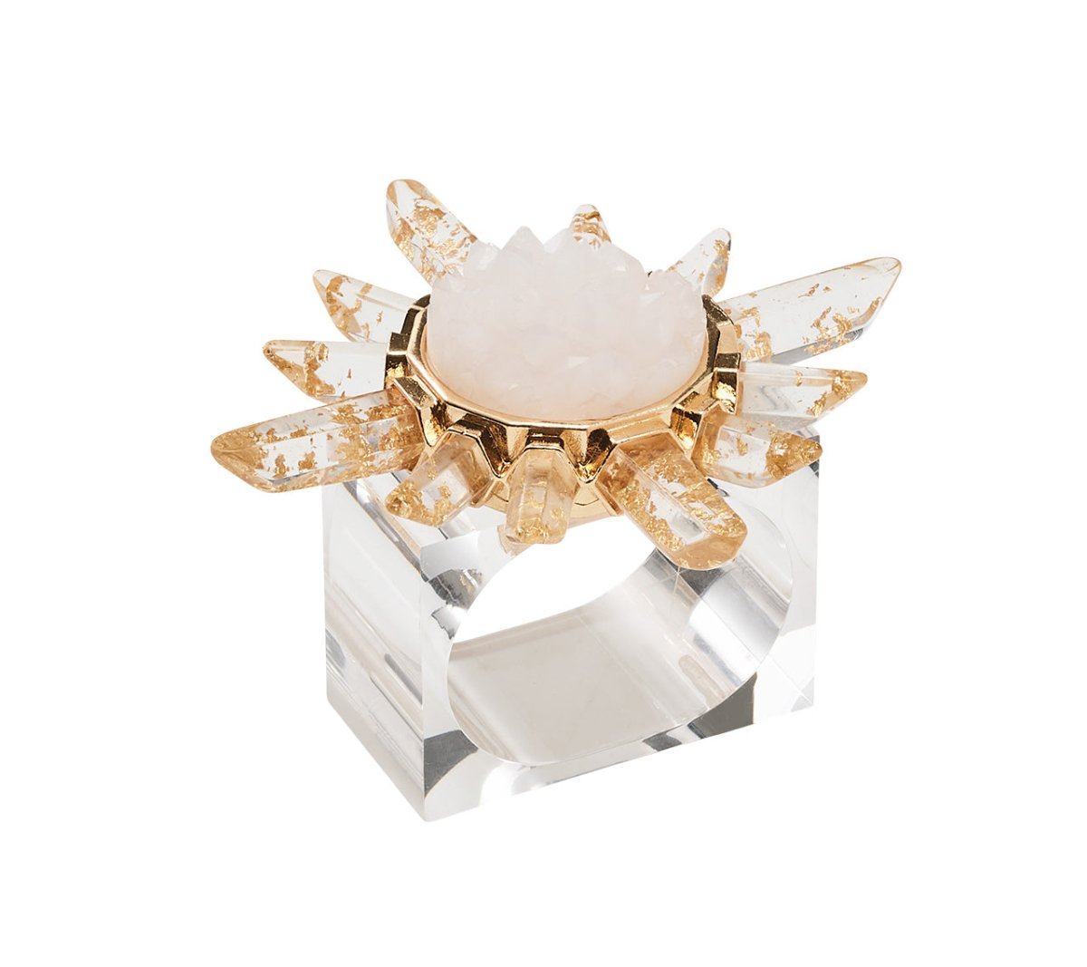 Front view of Coronet napkin ring showing gold-flecked crystal points and gold-plated setting on a clear acrylic ring