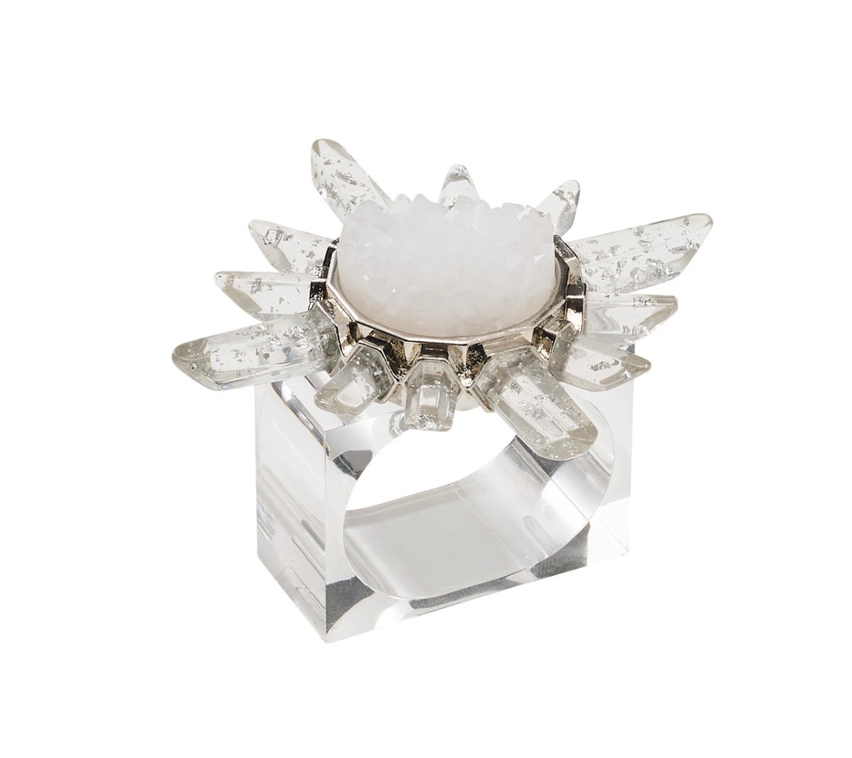 Three-quarter view of Coronet napkin ring showcasing silver-plated crown setting and clear crystal bead spikes on white background