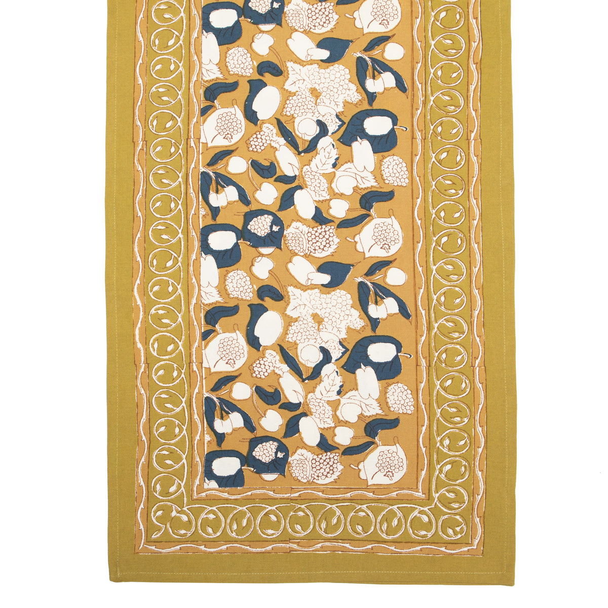 Close-up of Forest Harvest Runner Mustard and Blue showcasing a floral botanical pattern with an ornamental border