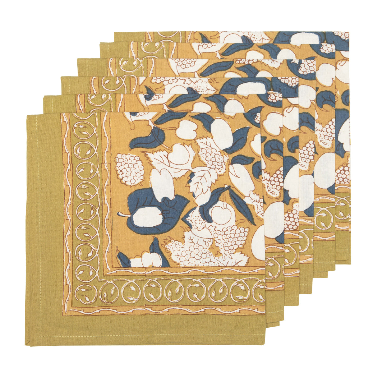 Front view of Forest Harvest Napkins set of 6 showcasing mustard and blue floral pattern with white background