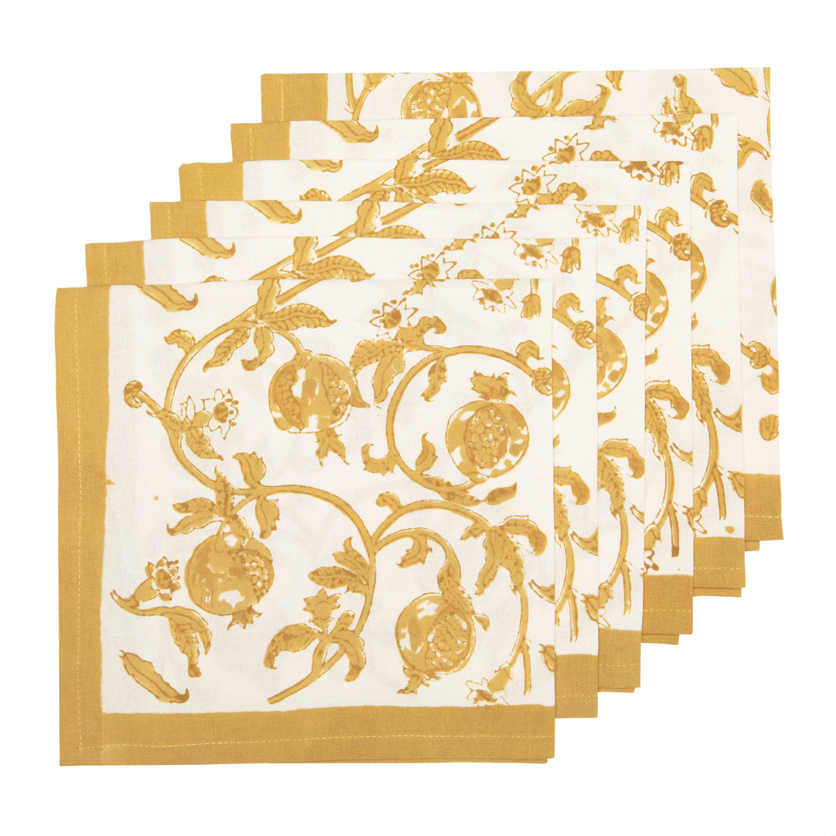Front view of Granada mustard napkins, set of 6, showcasing floral pattern and mustard borders on a white background