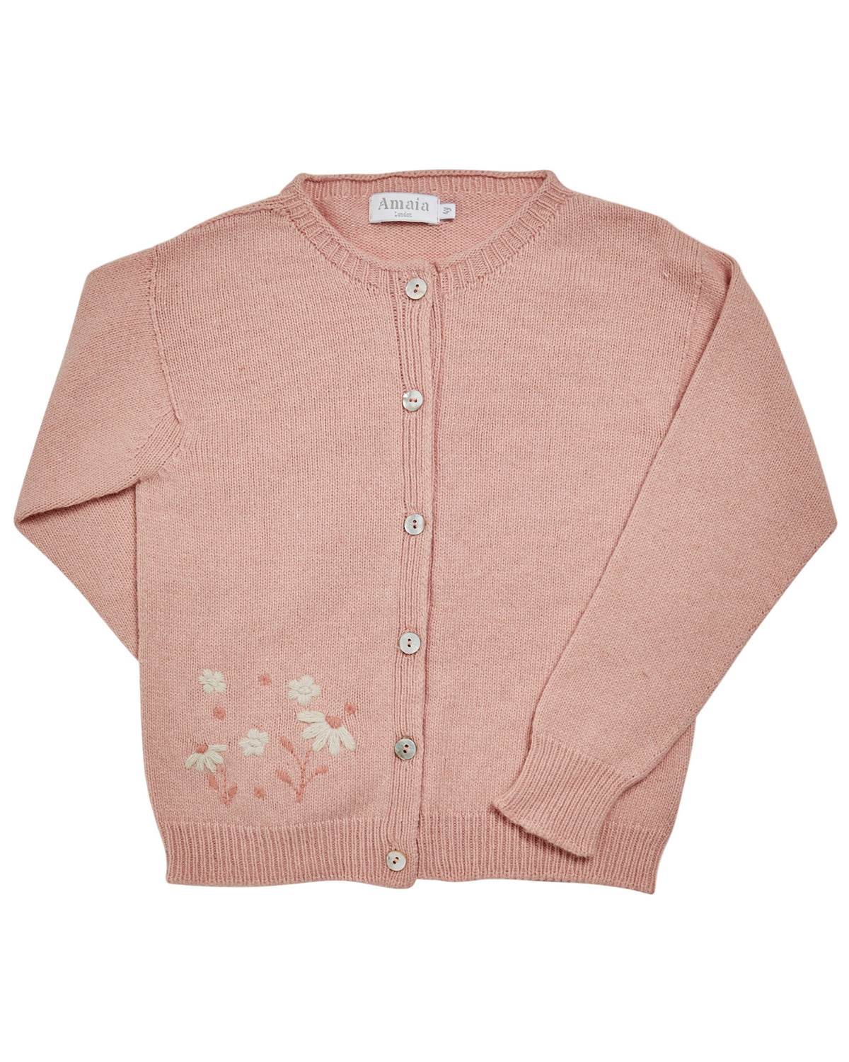Pink cardigan with floral embroidery on a white background