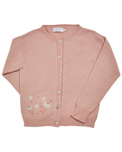 Pink cardigan with floral embroidery on a white background