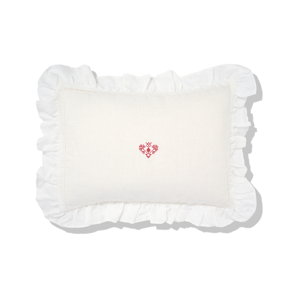 Boudoir Pillow with Frill Edge and Crossed Heart Embroidery in Volga Red