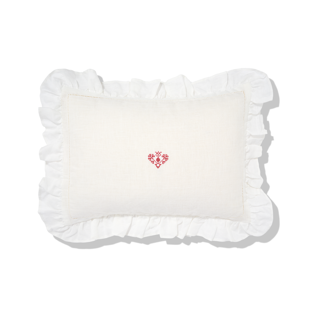 Boudoir Pillow with Frill Edge and Crossed Heart Embroidery in Volga Red