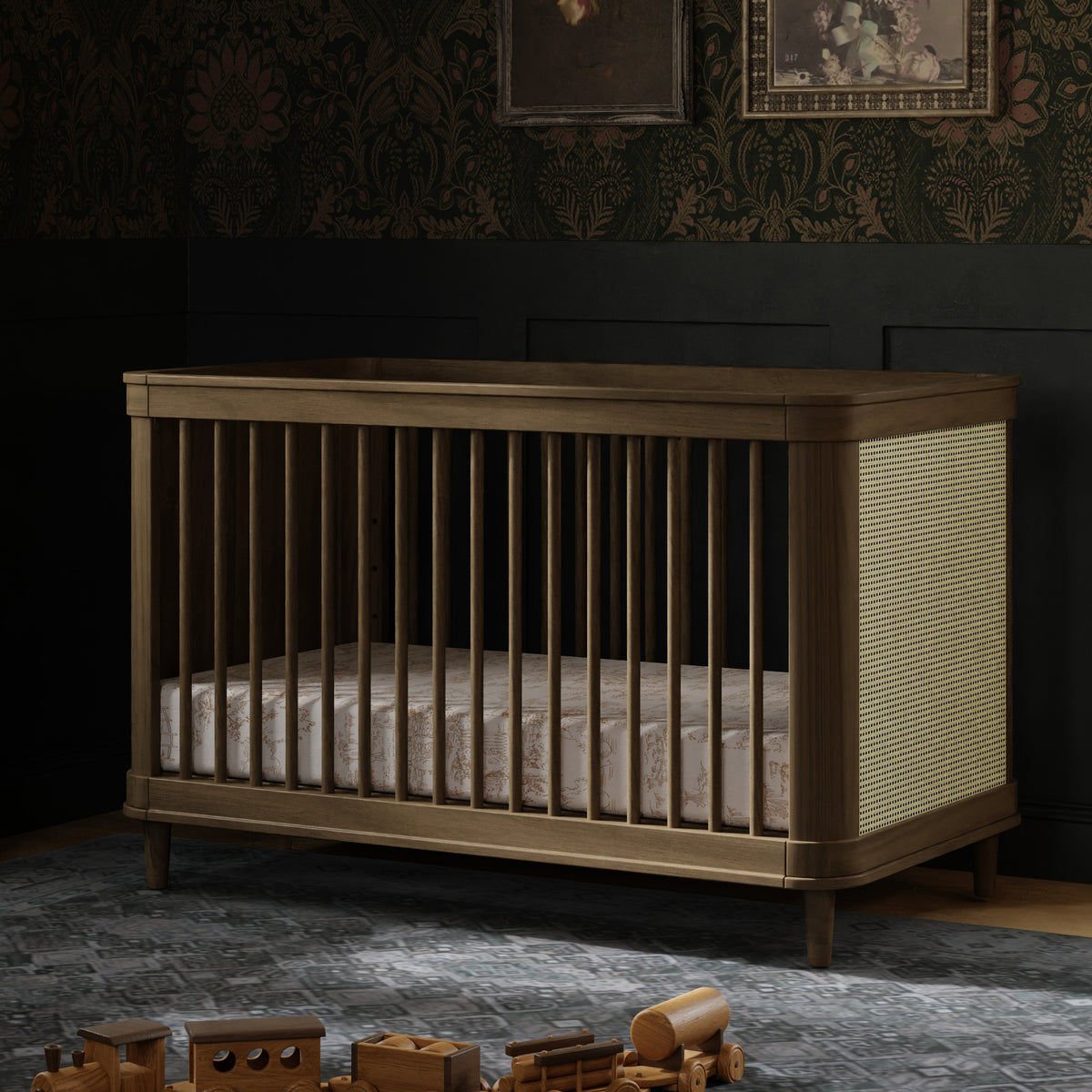 Marin with Cane 3-in-1 Convertible Crib in Natural Walnut & Blonde Cane
