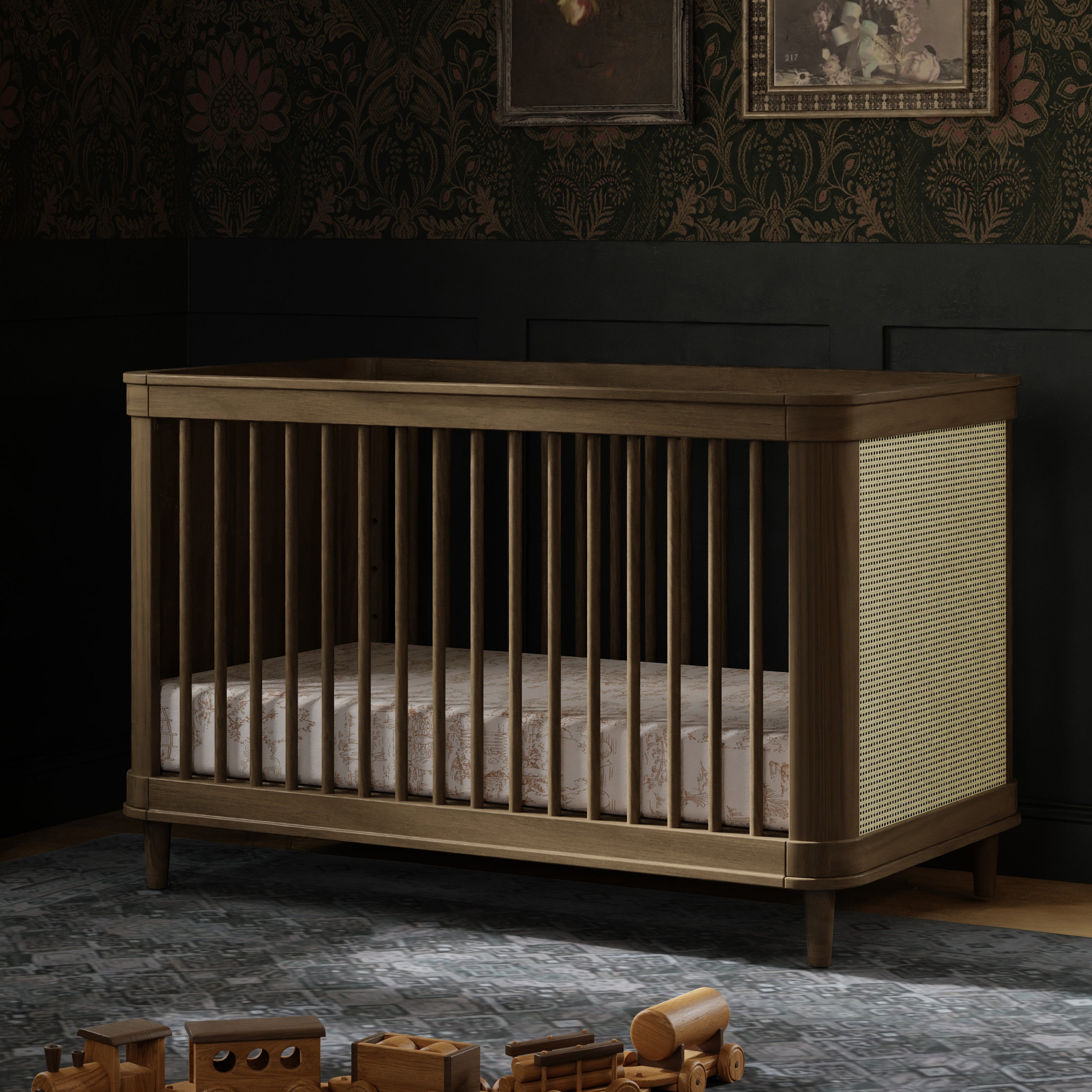 Marin with Cane 3-in-1 Convertible Crib in Natural Walnut & Blonde Cane
